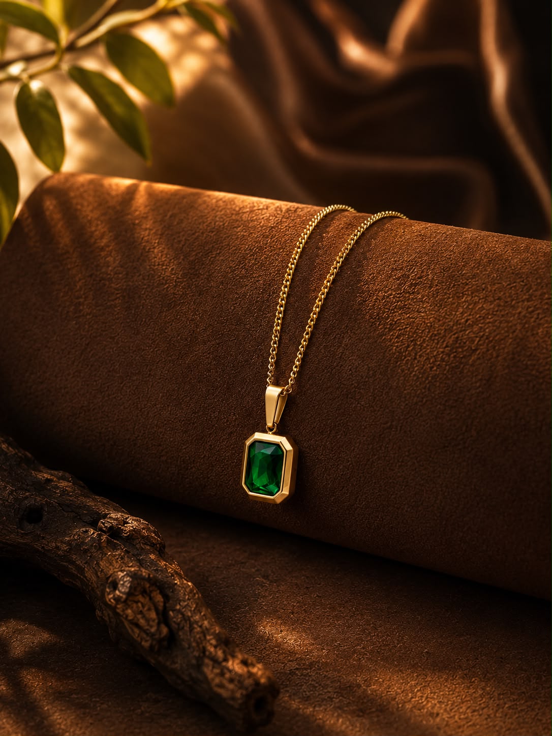 KM emerald pendant styled on a warm brown jewellery display